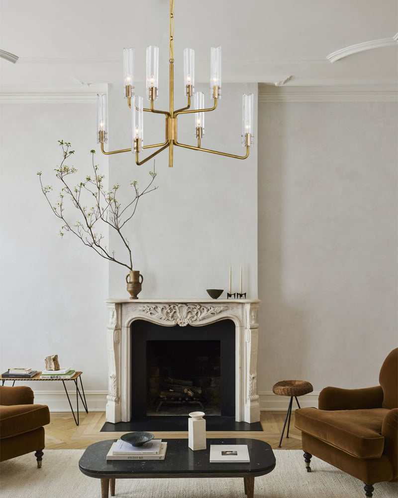 Brushed Chrome Metalwork Chandelier with Textured Slender Clear Glass Cylinders