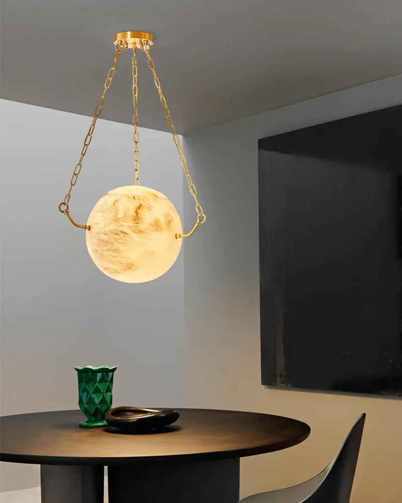 LightsStory Series Ethereal Pendant Light | Globe Natural Translucent Alabaster with Greek Key Motif, Brass and Matte-Black dual-tone for Kitchen Islands and Dining Areas Vintage Simple Pendant Lamp