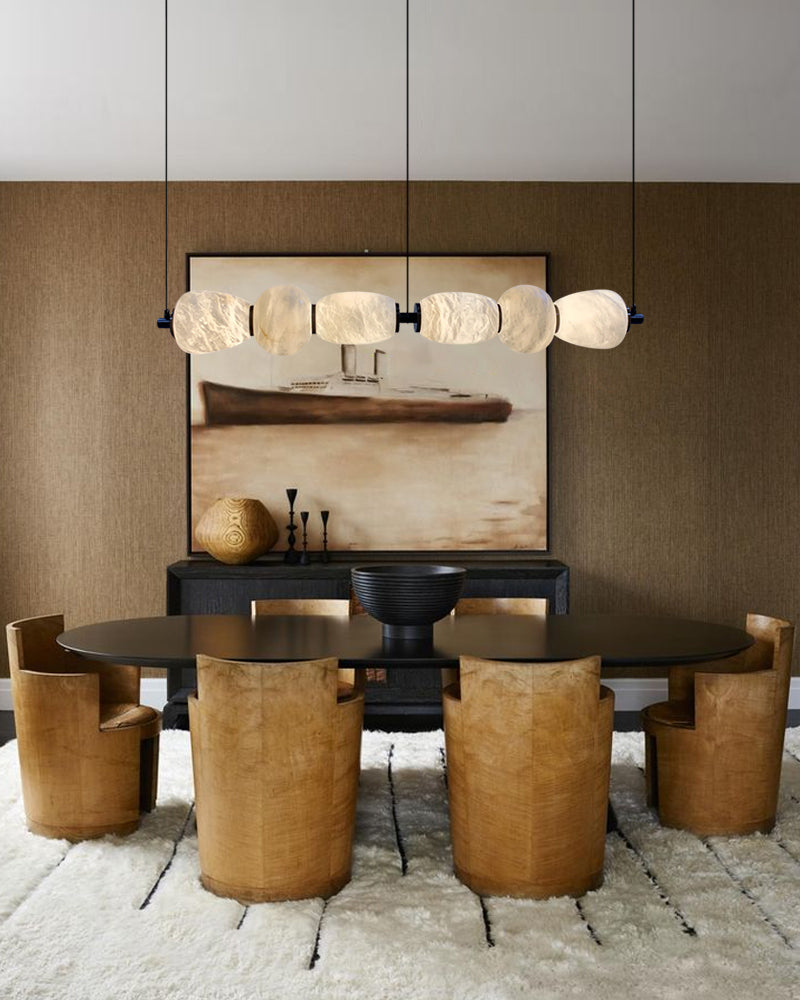 6 Lights Rectilinear White Alabaster Solid Ball Thread Synthetic Shade Hanging Light in the Kitchen