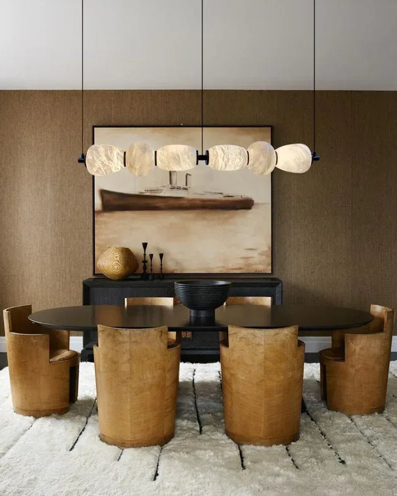 6-light Antique Brass String Hanging Light with Alabaster Stone Shade Modern Pendant lamp