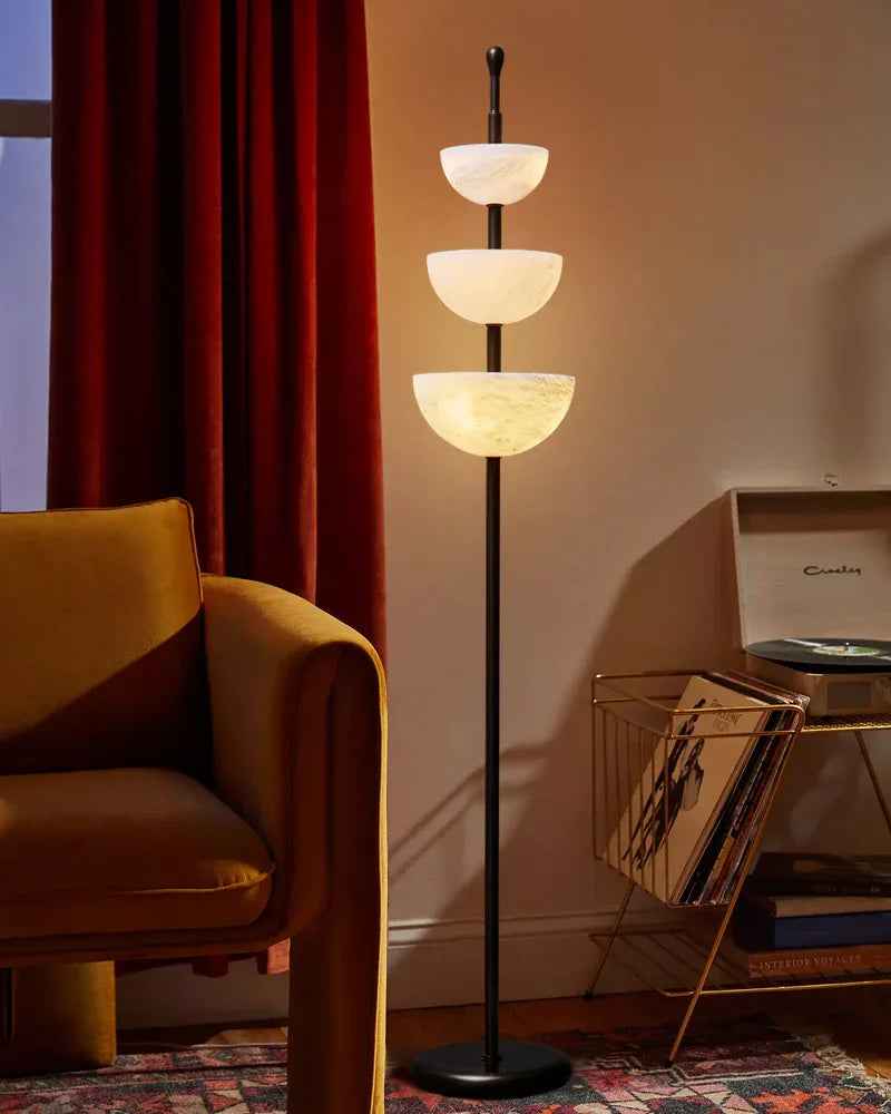LightsStory Series Geometric Floor Lamp | Triple Bowl Natural marble and snowflake gypsum, Modern Black hardware for Living rooms and bedrooms American standing floor lamp