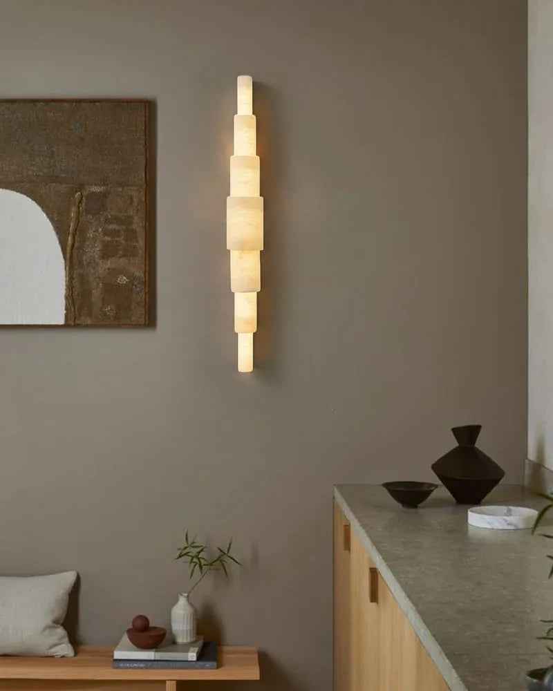 LightsStory Series Geometric Wall Sconce | Cylindrical Stone Hand-finished natural white alabaster stone and solid metal, Polished metal finish for Bedrooms, hallways, and dining spaces Modern Art Design Wall Lamp