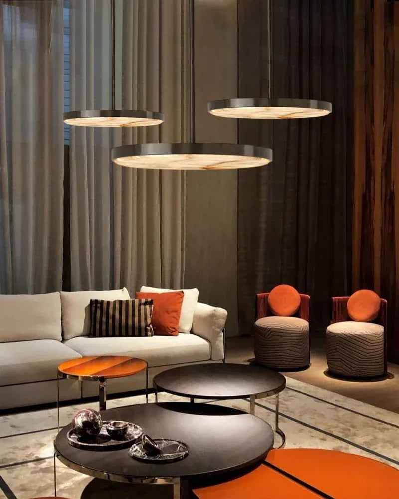 Knokke Series Geometric Suspension Lamp | Modular Dome Hand-honed natural alabaster disc, Satin brass finish for Dining tables, kitchen islands, and bedrooms Modern Pendant lamp