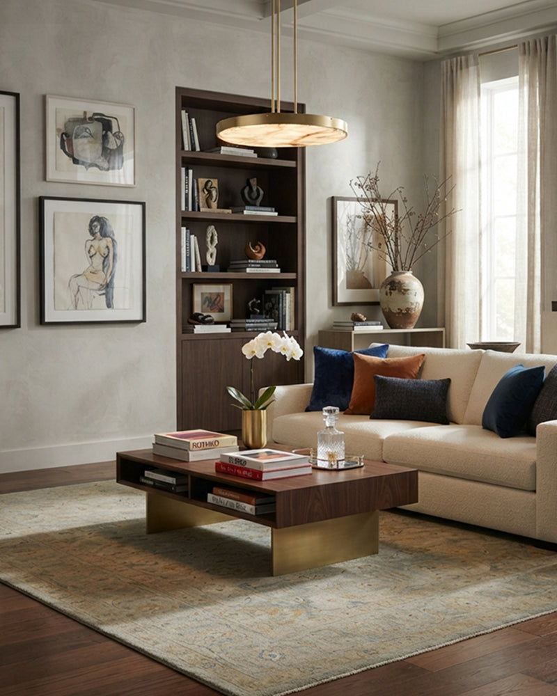 Knokke Alabaster Circular Disc Gold Framed Pendant Light - Natural Spanish Alabaster, Lux Gold Trim - Living Room, Dining Room & Bedrooms