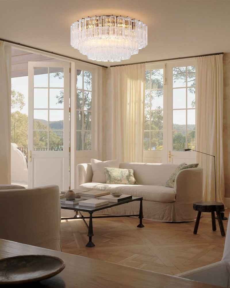 Cortina Series Ethereal Ceiling Lamp | Star-Shaped Hand-blown authentic Murano glass tubes, Aged Brass and Black framework with gold accents for Foyer Entrances and Living Areas Flush Mounted Ceiling Lamp