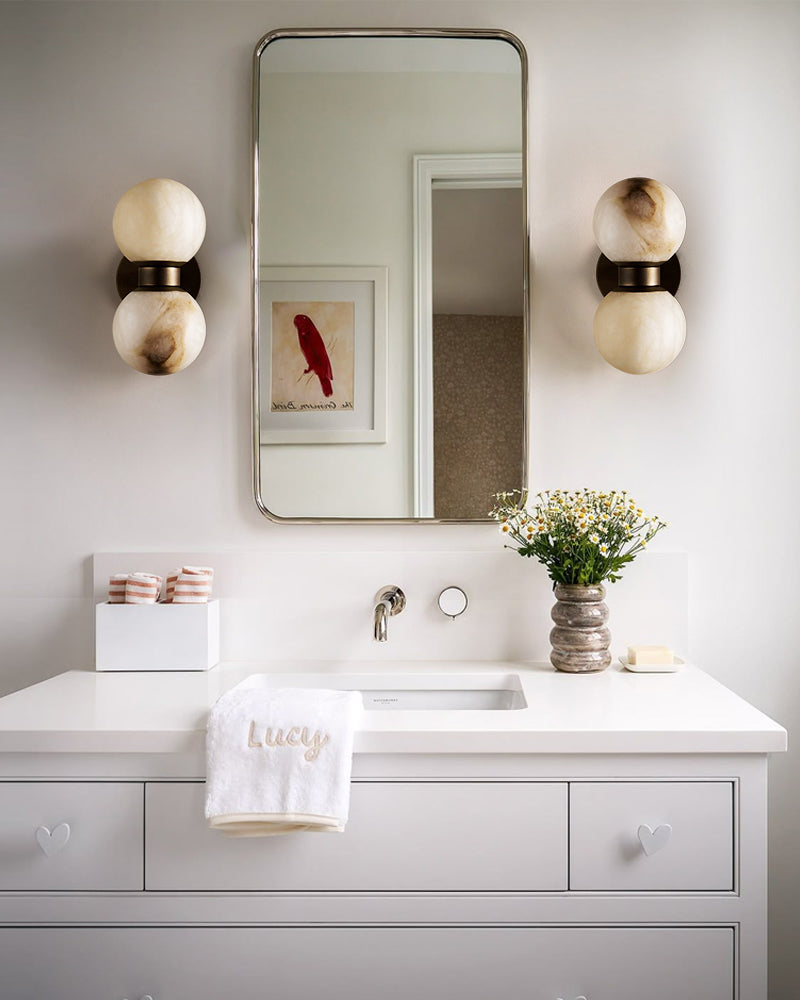 Modern LED Dual Alabaster Globe Wall Light Fixtures Wide 3" 5" | Brass/Bronze Metal