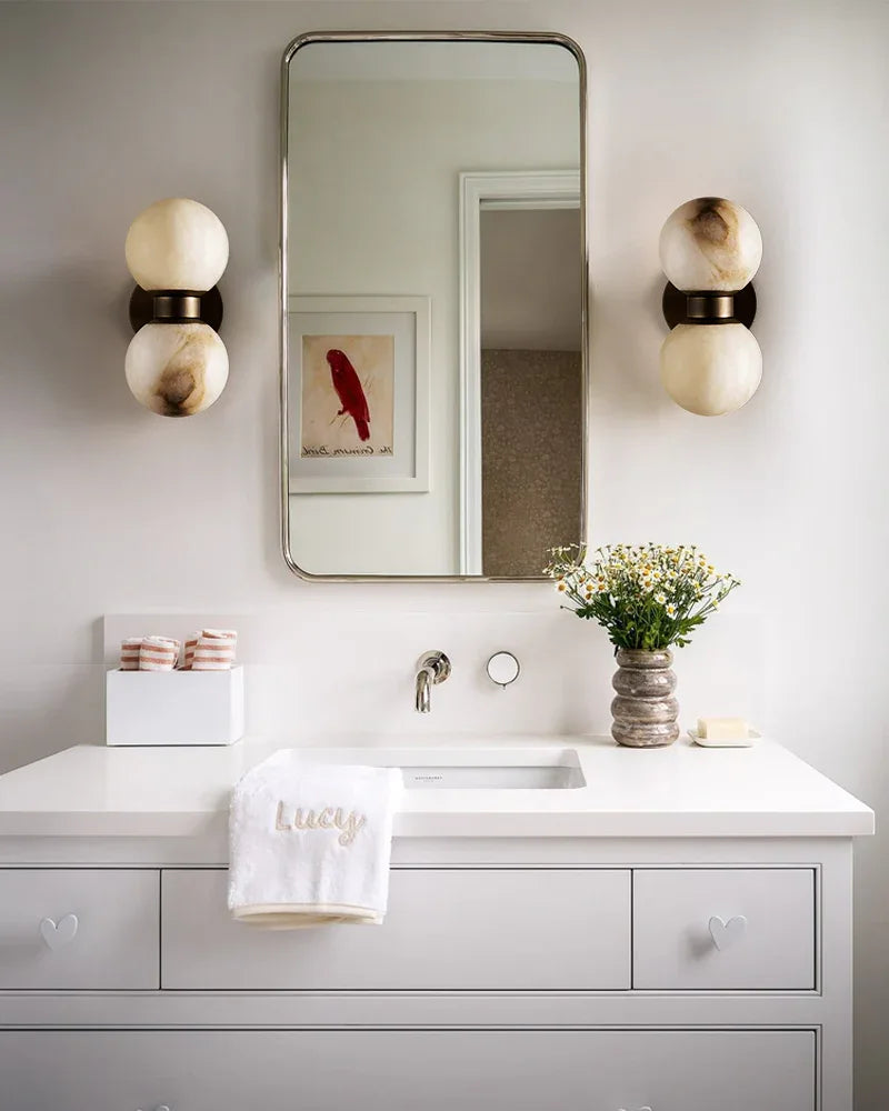 Modern LED Dual Alabaster Globe Wall Light Fixtures Wide 3" 5" | Brass/Black Metal Modern Art Design Wall Lamp