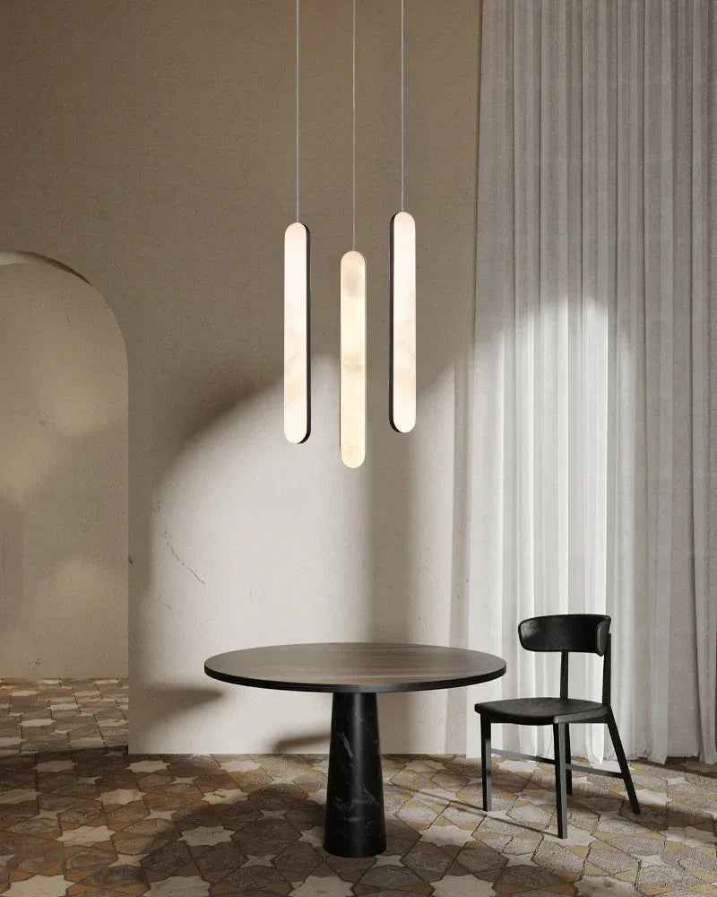 Cadiz Series Geometric Pendant Light | Elongated Cylinder Spanish Alabaster with slender metallic straps, Aged Brass and Antique Black finish for Kitchen Islands and Dining Areas Modern Pendant lamp