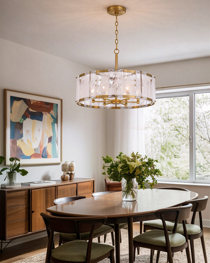 Solstice Ghiaccio Glass Drum Pendant Light - Textured Ice Glass, Lux Gold Trim - Dining Rooms & Living Rooms