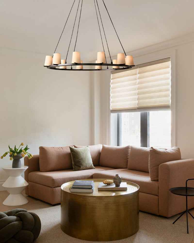 Ravello Series Geometric Linear Chandelier | Open Circular Classic brass structure with modern beige fabric shades, Lacquered Burnished Brass and Black for Dining rooms, kitchens, and entryways American chandelier