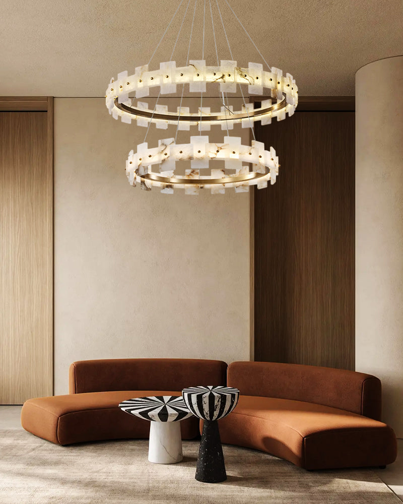 Marble Circle Hanging Lamp Minimalism White and Brass Alabaster Halo Chandelier Dining Table