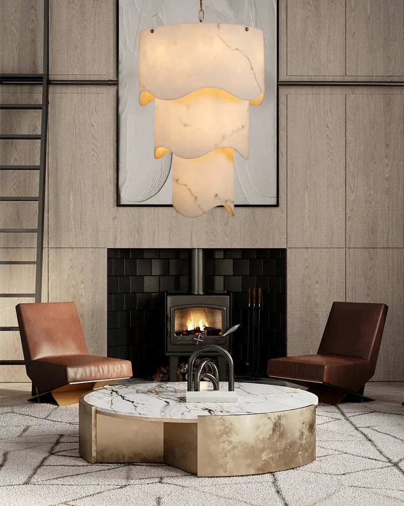 White Alabaster and Antique Brass Finish Layered Pendant Light Wide 18" Modern Pendant lamp