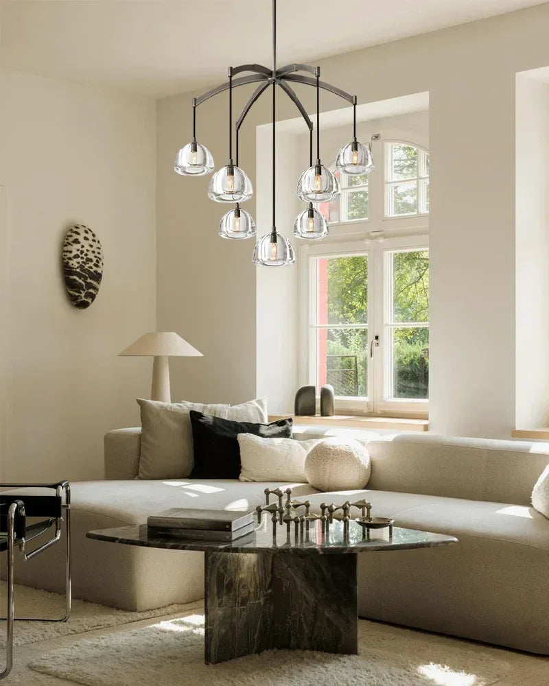 Verbier Series Ethereal Chandelier | Crystal Hemisphere Lathe-carved solid crystal blocks and solid brass frame, Brushed Black Steel finish for Grand Foyers and Dining Rooms American chandelier
