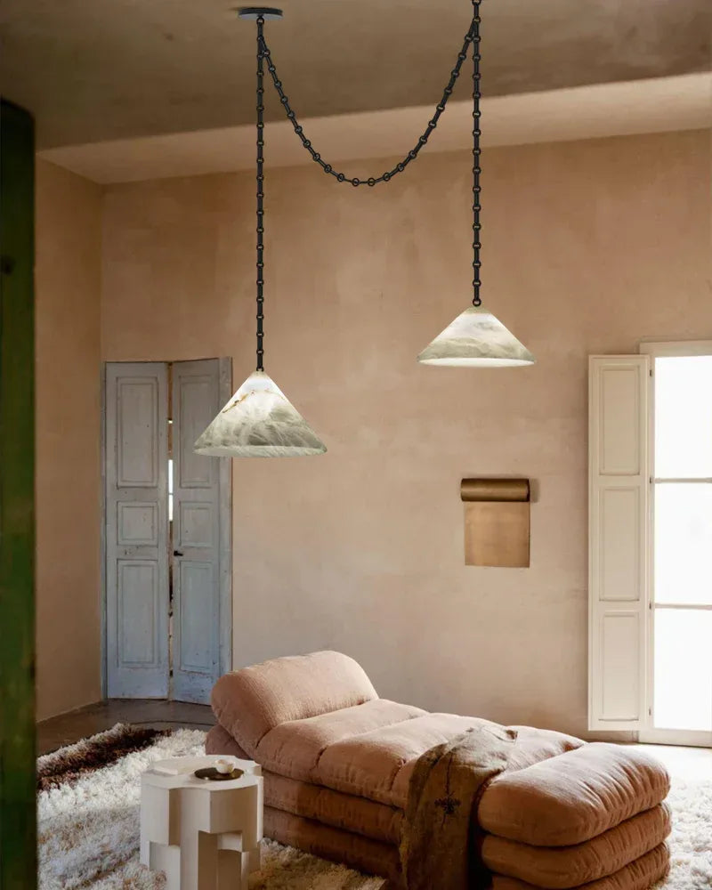 Medium 12" Conical Pendant White Alabaster Shade with Adjustable Chain for living room Modern Pendant lamp