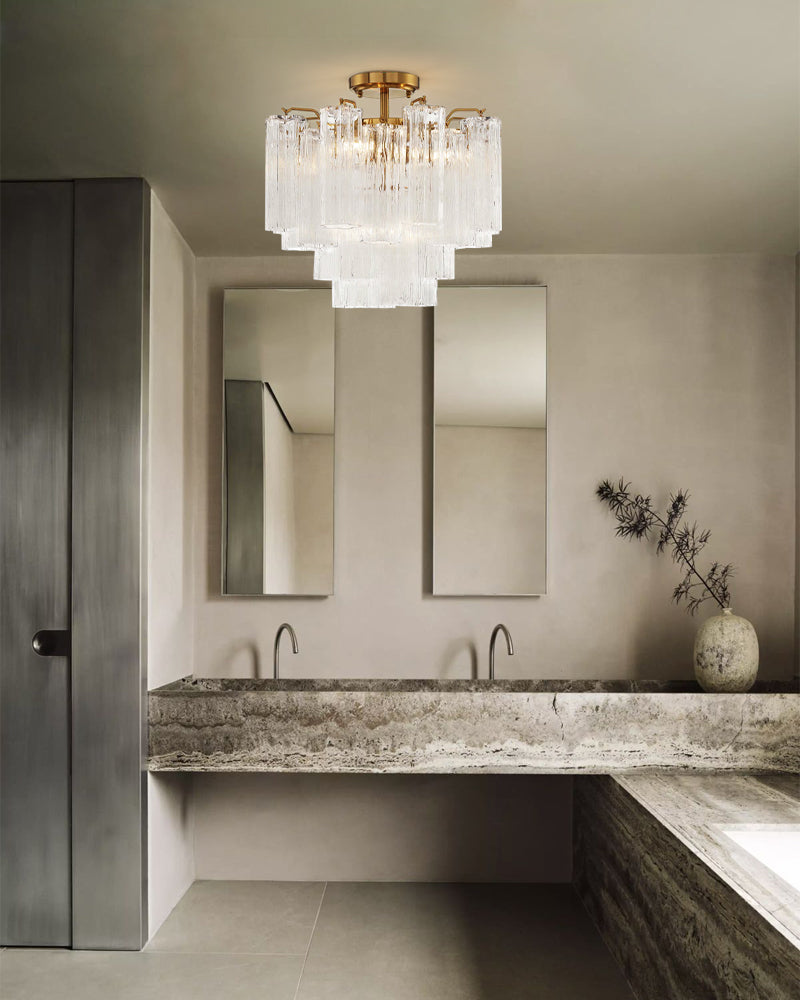 Murano Multi-tiered Glass Tubes Flush Mount Wide 18in Ceiling Lamps|Brass/Black Disc Base Modern Ceiling lamp