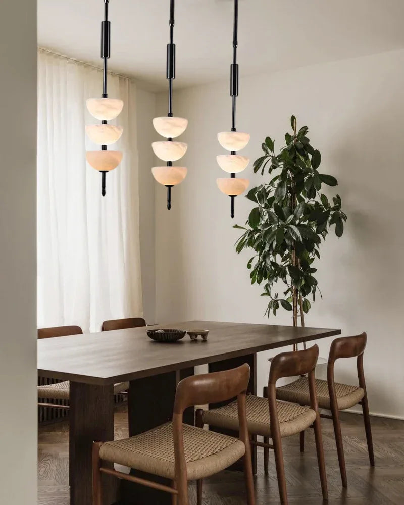 Alabaster Triple Half Spheres Vertical Suspension Lights Lacquered Burnished Brass/Black Modern Pendant lamp