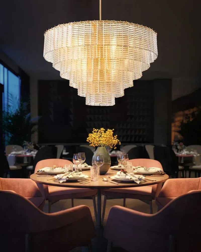Cassis Series Geometric Chandelier | Concentric Ridged Glass Tiers Hand-crafted Ridged Smoke Glass, Polished Metal Frame for Grand Foyers and Luxury Hotel Lobbies American chandelier
