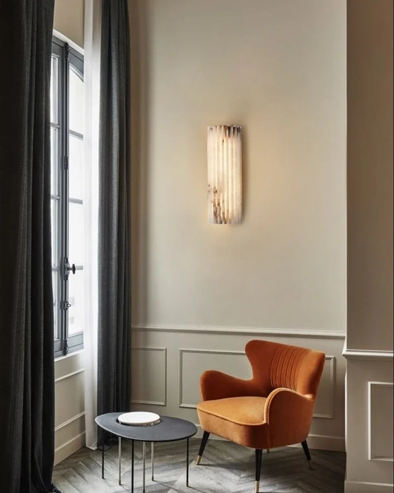 LightsStory Series Geometric Wall Sconce | Flush-mount Hand-carved Spanish Alabaster and Aged Brass, Aged Brass finish for hallways, bedrooms, and accent walls Brass Aged Wall Sconces