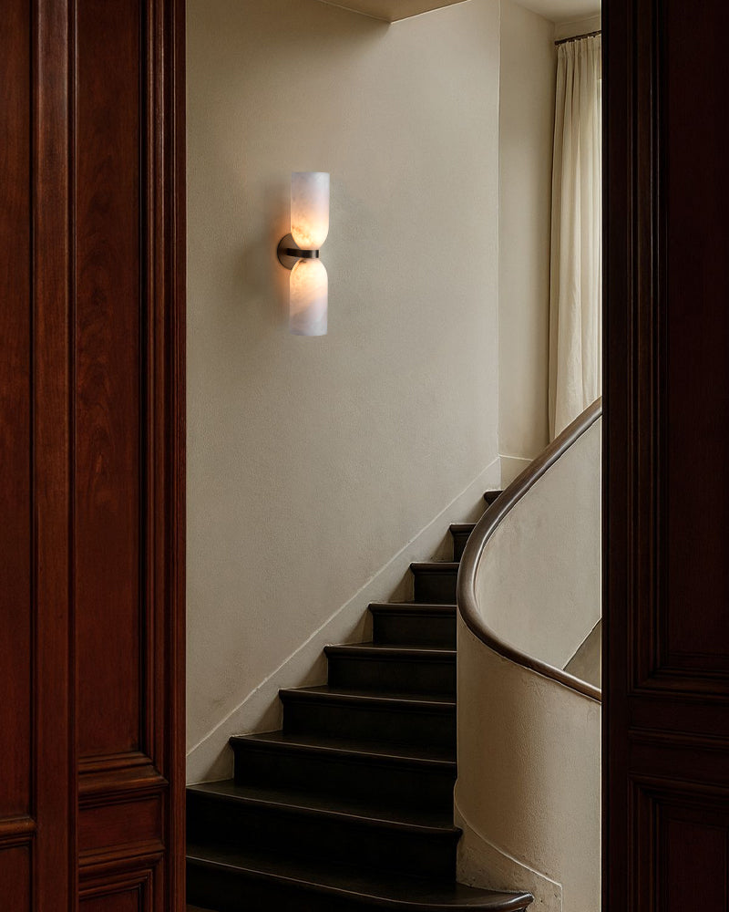 Double 2 lights Alabaster Tandem Wall Lamp in Unique Brass/Black Metal Framework