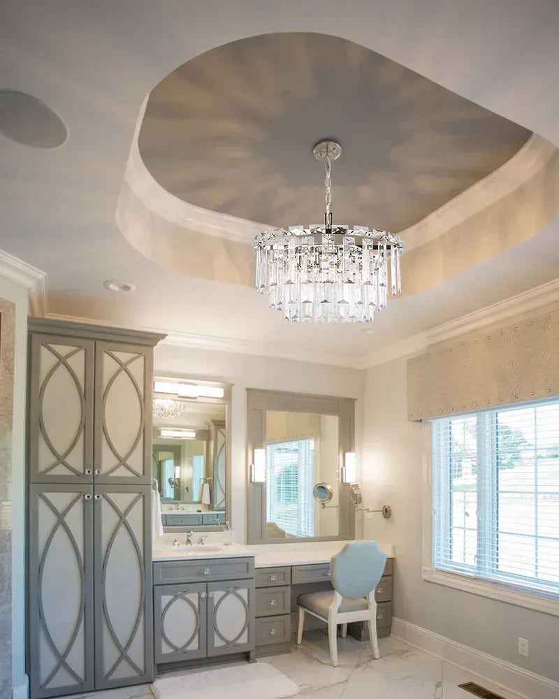 Gstaad Series Grand Chandelier | Tiered Cut-Clear Glass Layered tiers of cut-clear glass crystals with a solid stainless steel frame, Gold, Black, and Chrome Stainless finish for Entryways, dining rooms, and great rooms American chandelier