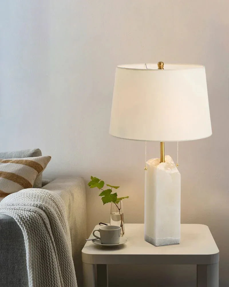Small White Alabaster Beside Table Lamp Brass with linen tapered shade Wide 15" Modern Table lamp