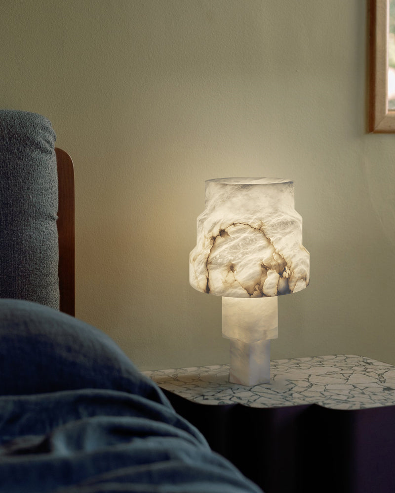 White Nature Handcrafted Alabaster Small Table Lamp with night light for bedside