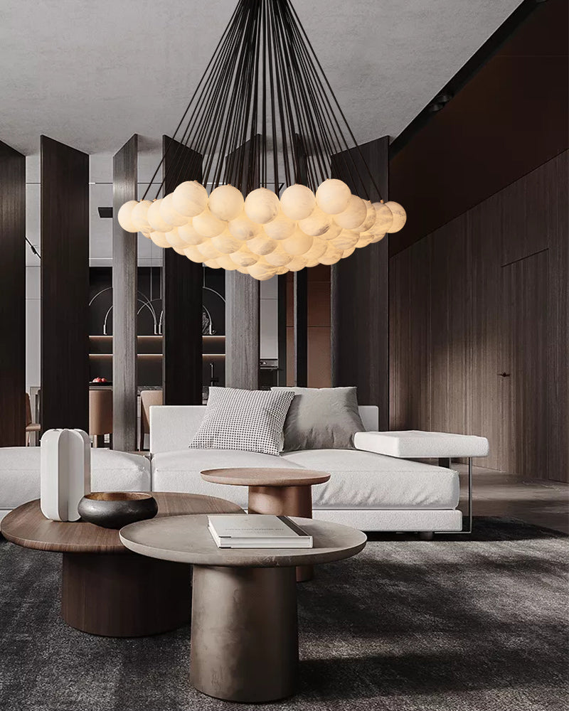 cluster globe alabaster chandelier over dining table