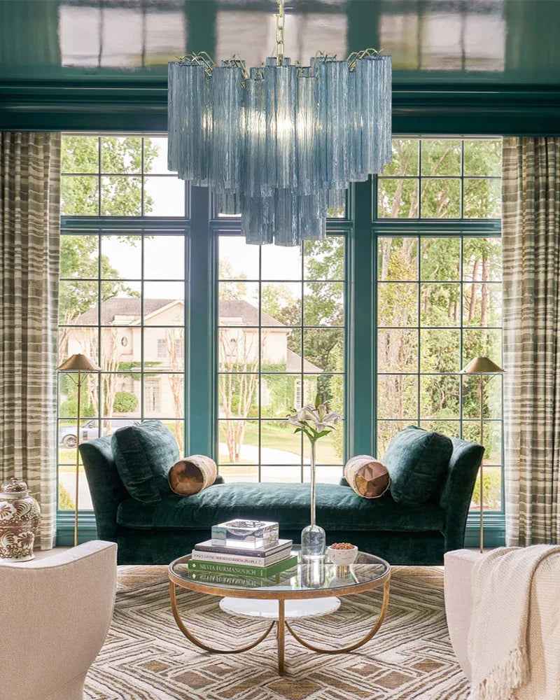 Cortina Series Cascading Chandelier | Multi-Tier Fluted Glass Handcrafted Fluted Murano-Inspired Blue Glass, Satin Brass for Grand Entrances and Dining Rooms American chandelier
