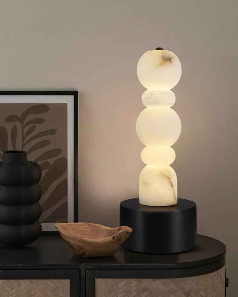 LightsStory Series Geometric Table Lamp | 5-Tier Hand-stacked White Alabaster and Black Marble Base, Natural Stone finish for Living rooms and bedrooms Modern Designer Floor Lamp