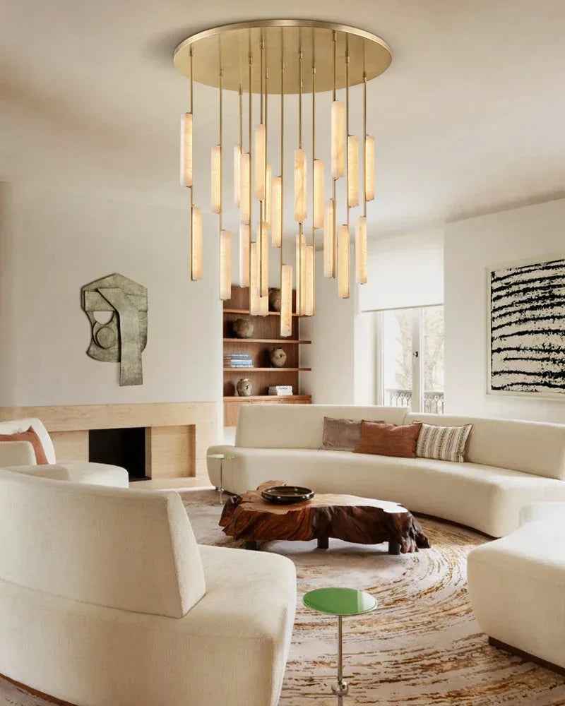 Valence Series Architectural Pendant Light | Vertical Linear Raw Veined Alabaster and Lacquered Burnished Brass, Lacquered Burnished Brass and Black Rod for Dining Rooms and Gallery Spaces American Vintage chandelier lamp