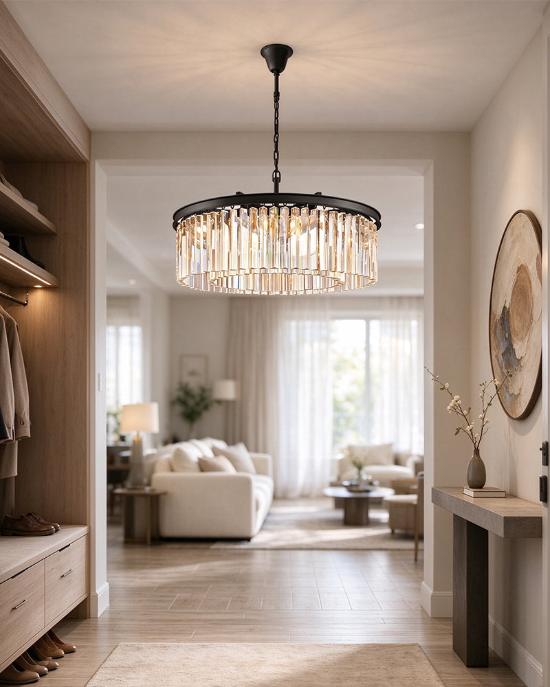 Deauville K9 Crystal Round Teardrop Prism Drum Chandelier - Precision-Cut Crystal, Serene Black Trim - Living Rooms, Bedrooms, Dining Rooms