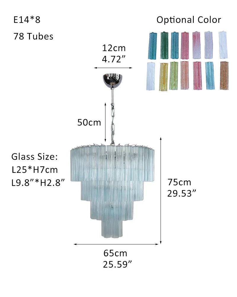 Elegant Murano Hand-blown Blue Glass Tube Multi-Tier Chandelier in Silver Frame P-D65*H75CM D25.6"*H29.6"(78 tubes) Blue Glass + Silver Frame American chandelier