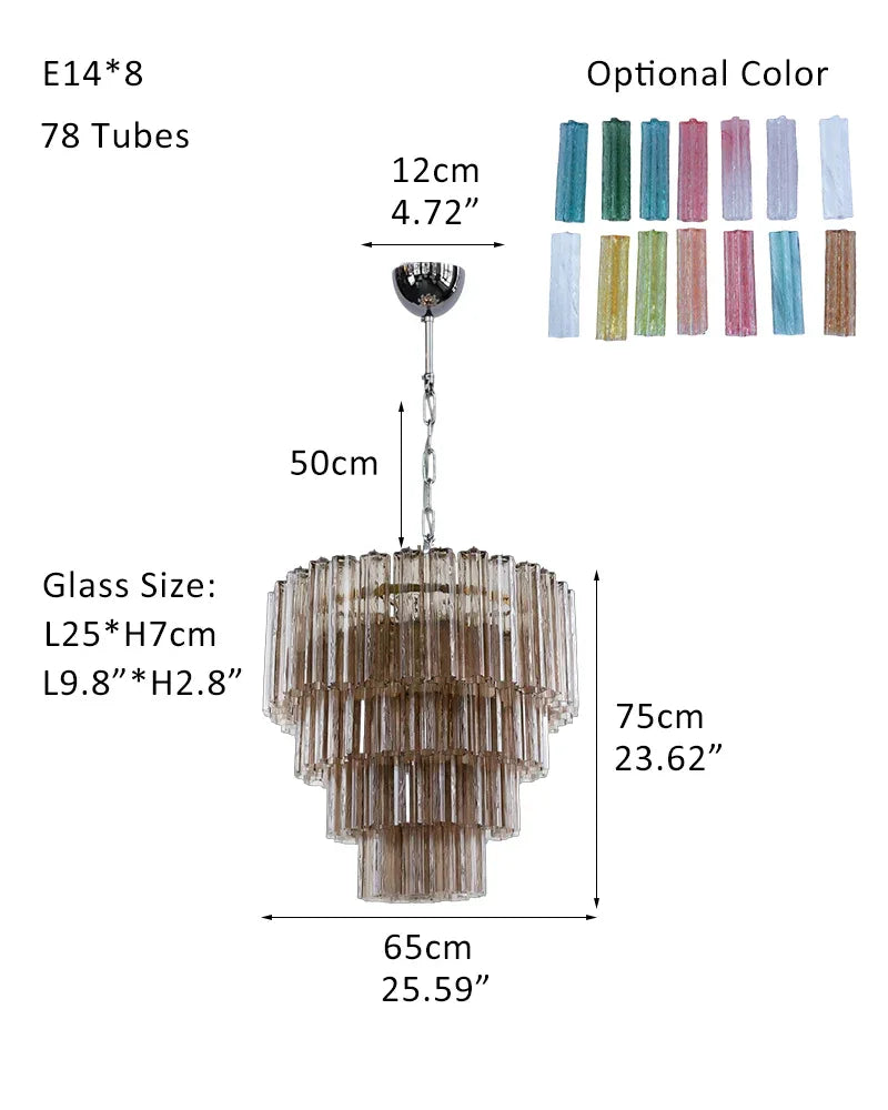 Luxury Tiered Smoked Glass Tube Murano Chandelier in Chrome Frame P-D65*H75CM D26"*H30"(72 tubes) Smoked Glass + Silver Frame American chandelier