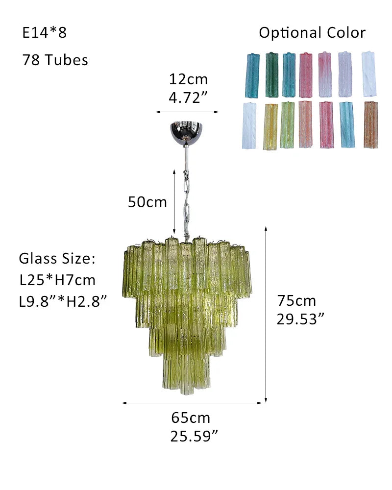 Large Vintage Green Murano Glass Tiered Chandelier in Silver & Gold Frame P-D65*H75CM D25.6"*H29.6"(78 tubes) Green Glass + Silver Frame American chandelier