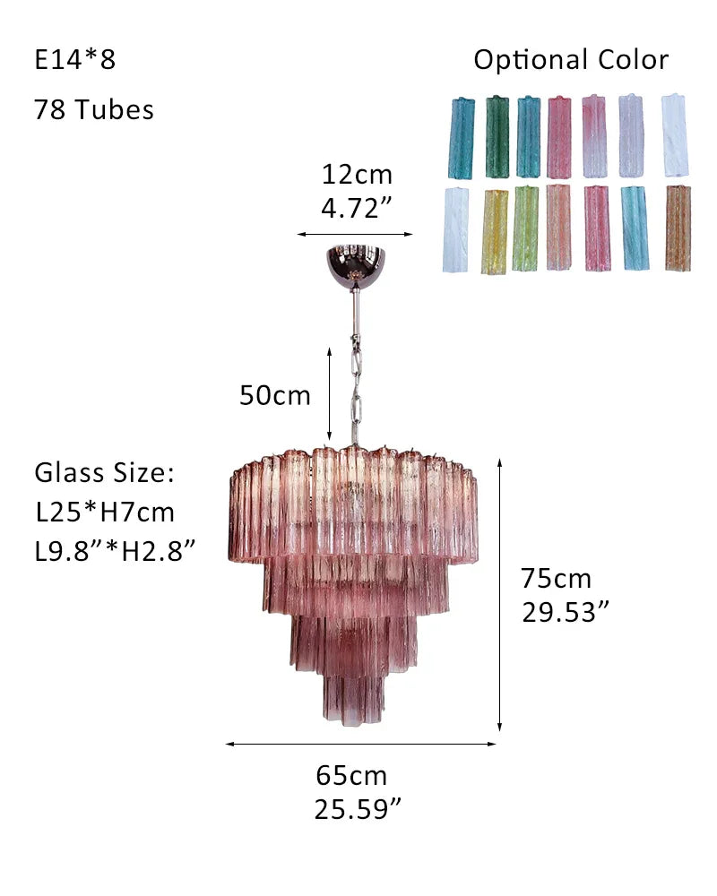 Italian Tronchi Luxury Large Multi-Tier Murano Pink Glass Tube Chandeliers P-D65*H75CM 26"*H30"(78 tubes) Pink & Silver American chandelier