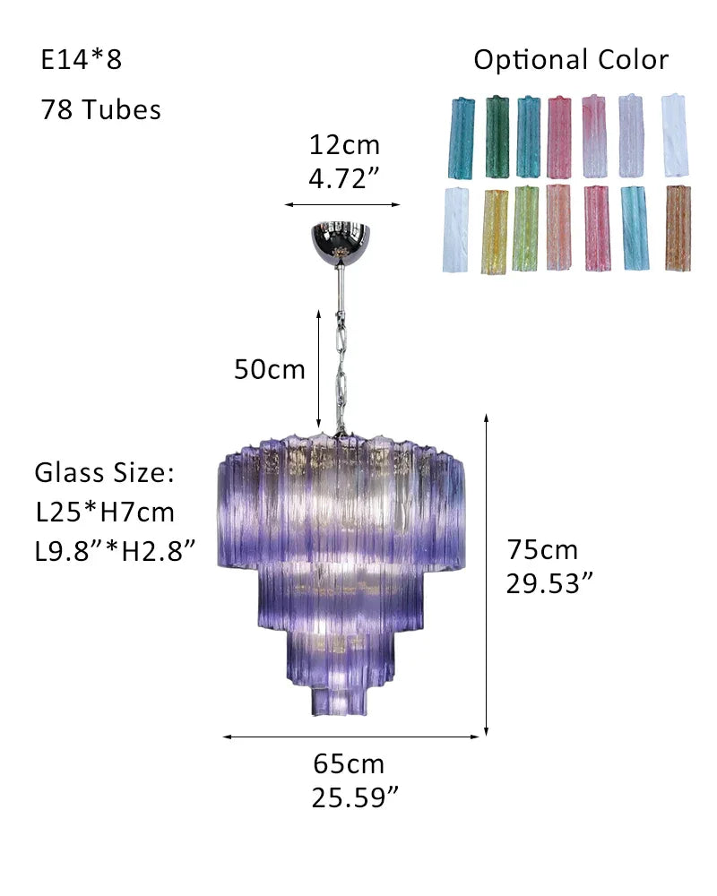Modern Colored Murano Purple Glass Tube Tronchi Chandelier P-D65*H75CM D25.6"*H30"(78 tubes) Purple Glass + Silver Frame American chandelier