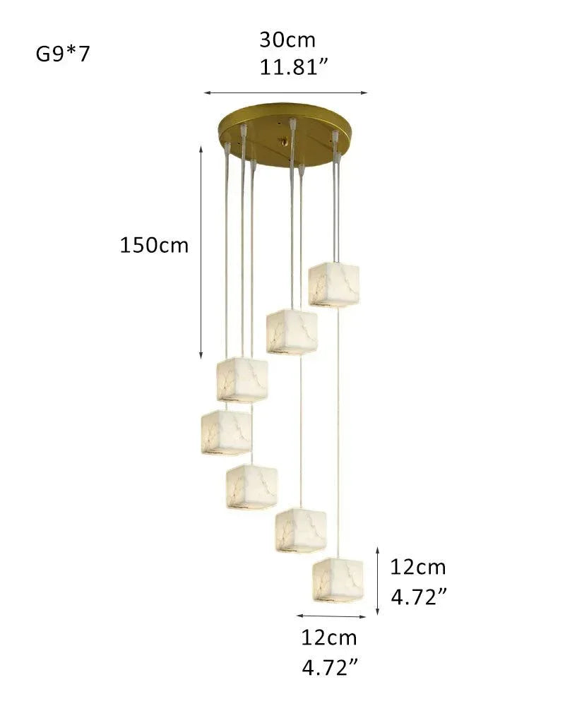 25-light Cluster Alabaster Pengdant Lighting for high ceiling lobby | Mini Cube Shaped 7-light-D12*H12cm D4.72*H4.72" White + Brass Modern Pendant lamp