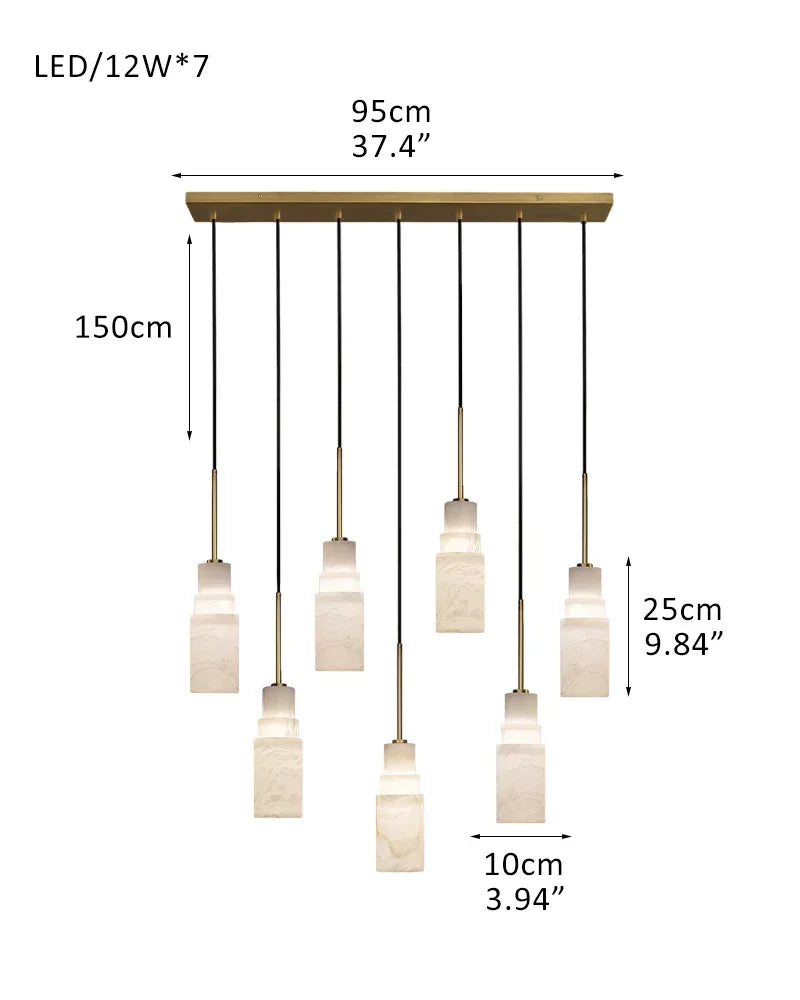 Antique aged Copper Long Hanging Cord Alabaster Pendant Lights over dining table 7-light-D10*H25CM D4"*H10"-Square Brass + White Vintage Simple Hanging Lamp