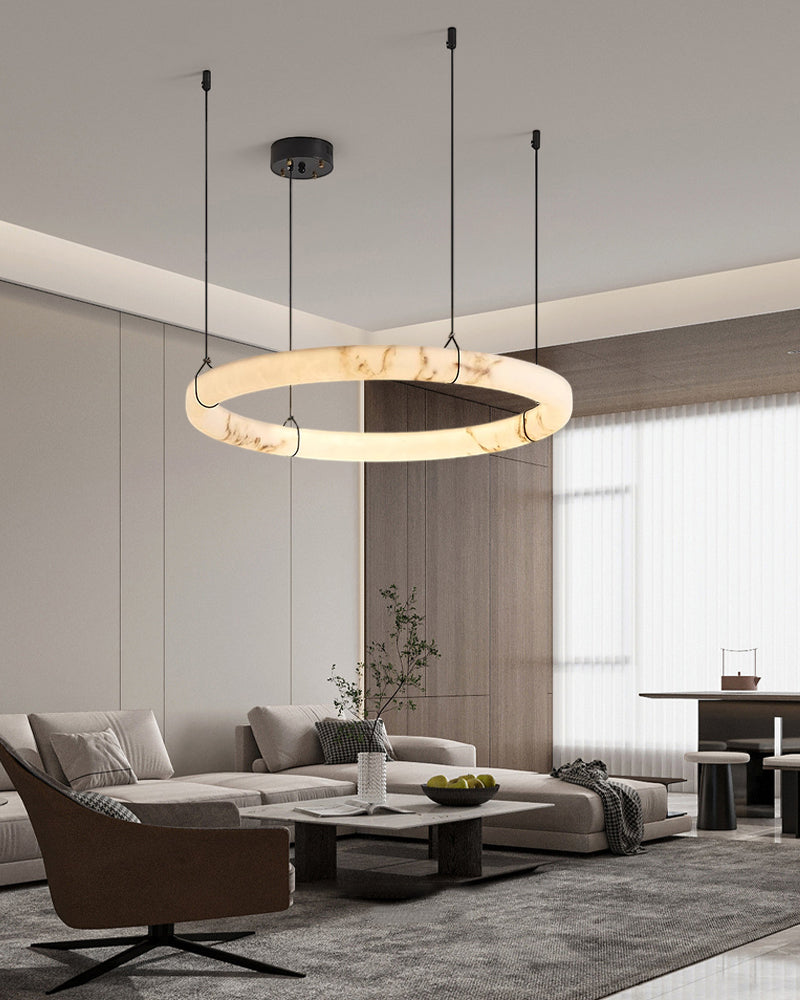 Black Metal Modern Round Ring Alabaster Pendant Light, Width 3.15"
