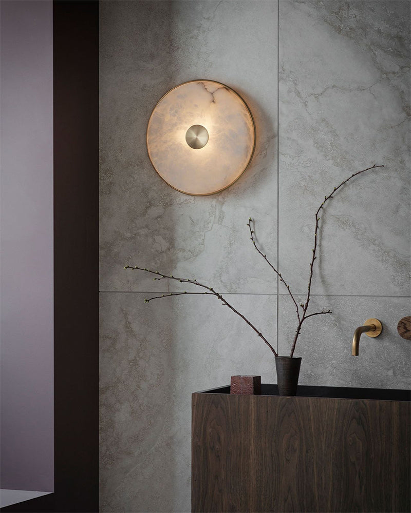 Lausanne Series Alabaster Wall Sconces | Nature Texture Round Sconces for Bathroom Bedroom Flush Mounted Wall Sconce Lamp