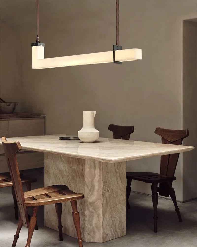 LightsStory Series Geometric Linear Pendant Light | Linear Natural Spanish Alabaster and Brown Leather, Matte Black finish for Kitchen Islands and Dining Rooms American chandelier