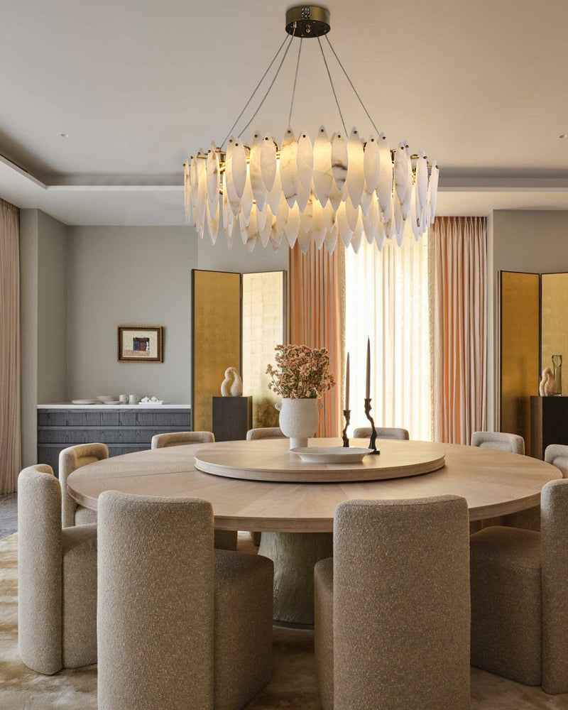 LightsStory Series Geometric Chandelier | Multi-Tier Round Hand-selected natural marble alabaster, Brass and Black metal finish for Modern dining rooms and entryways Luxury Modern Chandelier