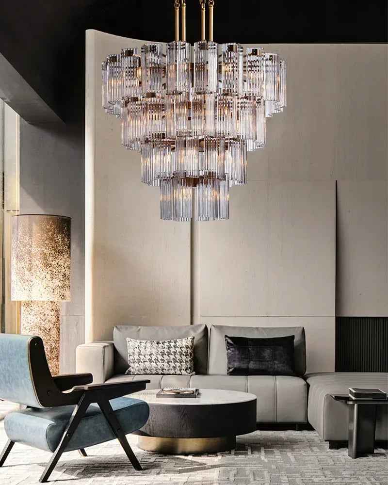 Saint-Cirq Series Geometric Chandelier | 5-Tier Round Hand-Arranged Reeded Smoky Glass and Steel, Premium Brass for Grand Entryways and Dining Rooms American chandelier