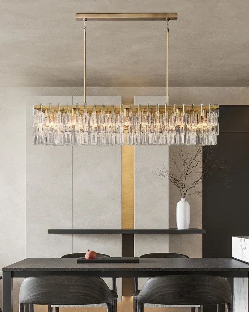 LightsStory Series Prismatic Chandelier | Linear Rectangular Hand-set Prismatic Crystals and Interlocking Steel, Dual-Tone Satin Gold and Matte Black for Entryways, Dining Areas, and Bedrooms American chandelier