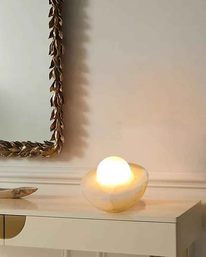 LightsStory Series Ethereal Table Lamp | Round Bowl Handcrafted Natural Solid Stone and Frosted Glass, Natural Stone Veining with Frosted Glass for Bedrooms, Nightstands, and Cozy Corners Modern Table lamp