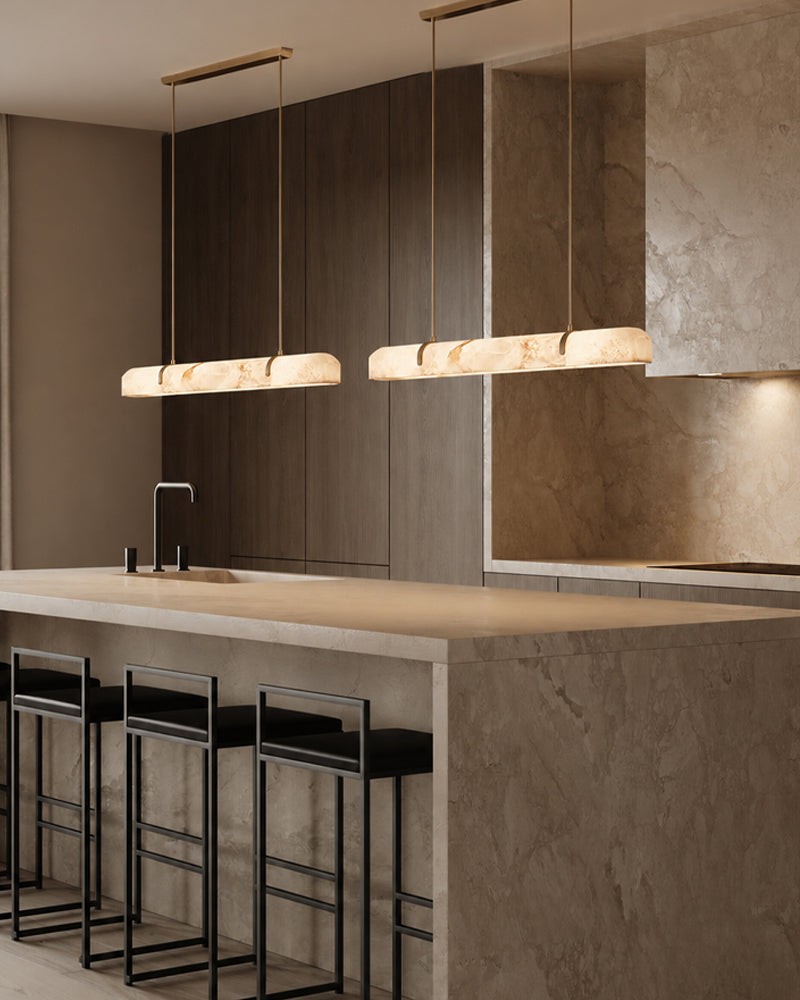 Alabaster Linear Capsule Chandelier - Natural Spanish Alabaster, Lux Gold Trim - Kitchen Islands & Dining Rooms