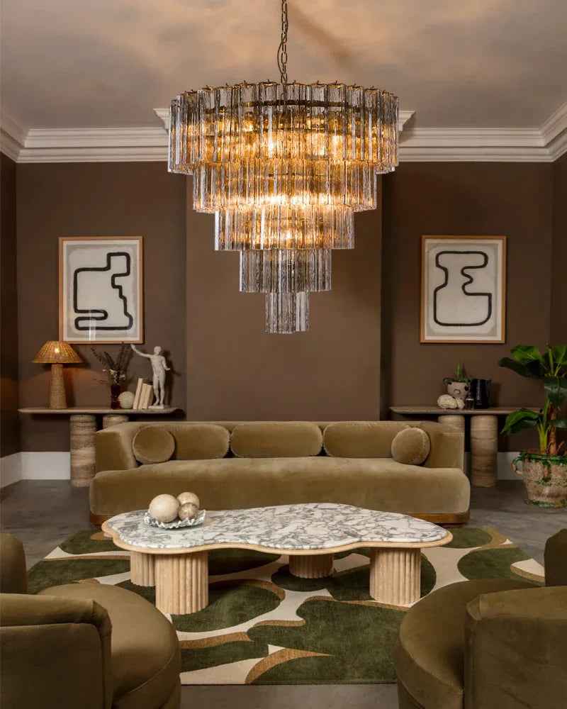 Cortina Series Cascading Chandelier | Multi-tiered Fluted Glass Handcrafted fluted smoked Murano-inspired glass, Satin brass structure for Grand entrances and dining rooms American chandelier
