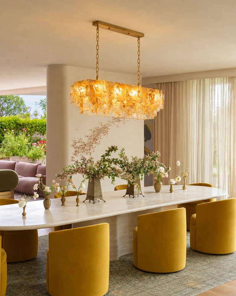 Chiara Murano Glass Contemporary Amber Panel Linear Chandelier - Lux Gold Trim - Kitchen Islands & Dining Rooms