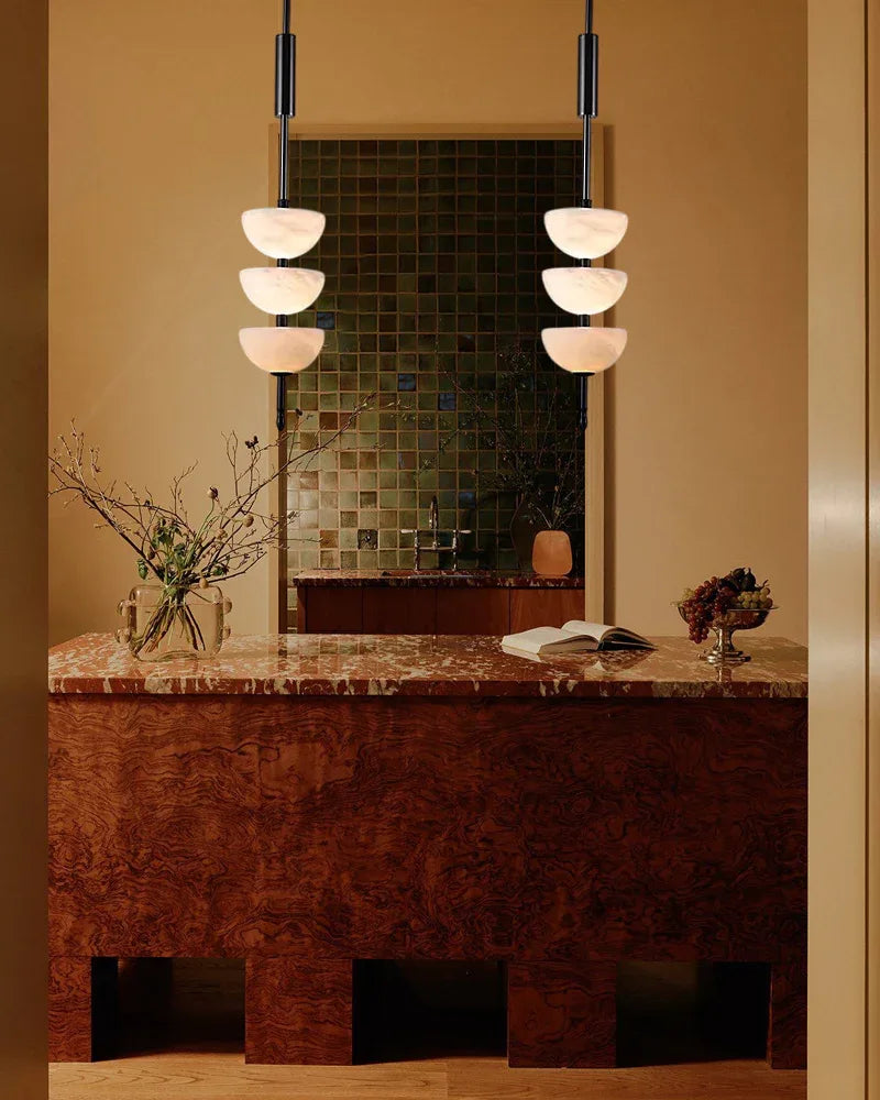 Alabaster Triple Half Spheres Vertical Suspension Lights Lacquered Burnished Brass/Black Modern Pendant lamp