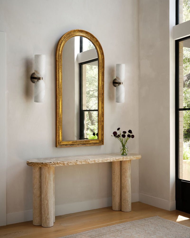 Double 2 lights Alabaster Tandem Wall Lamp in Unique Brass/Black Metal Framework